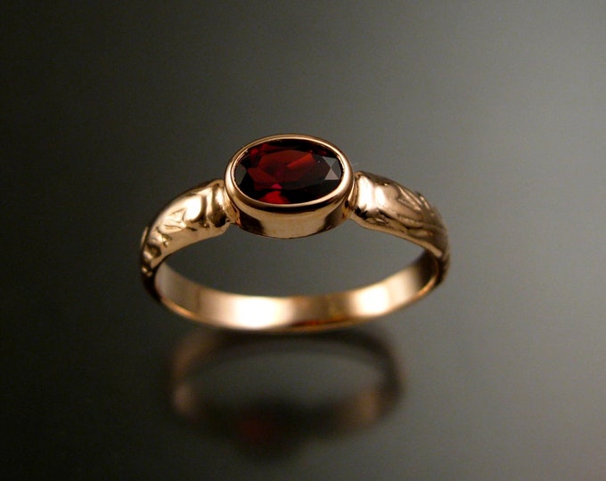 Garnet Ring 14k Rose Gold 5x7mm oval Victorian floral pattern band Handmade to order in your size