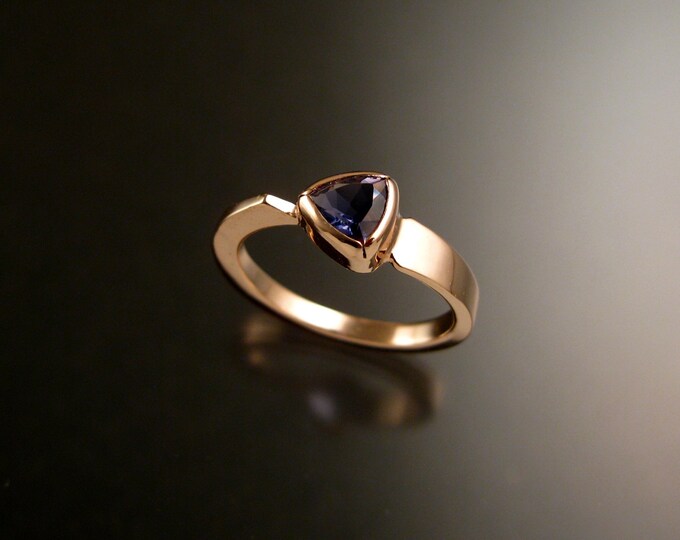 Iolite triangle ring 14k Rose Gold bezel set Stone Asymmetrical setting made to order in your Size