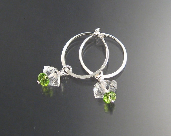 Natural Quartz Crystal Birthstone Hoop Earrings August birthstone Peridot Green Hoops in Sterling silver