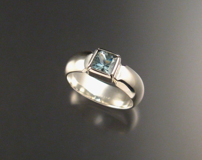 Natural Aquamarine Square ring Wide Band Sterling Silver Princess cut stone Ring size 7