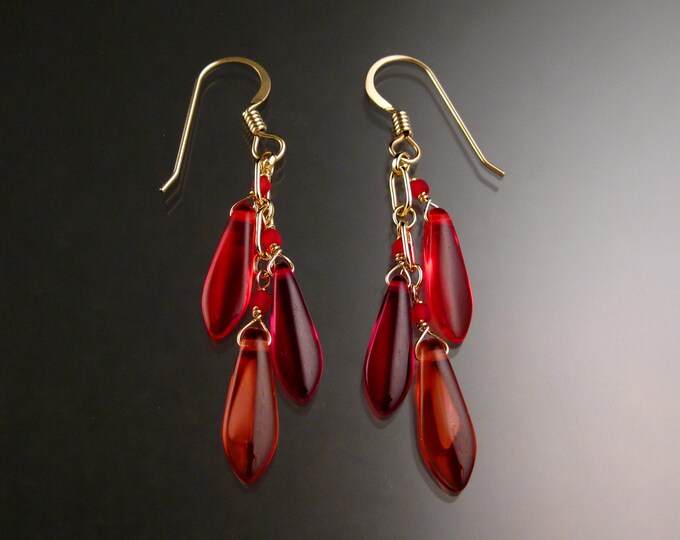 Czech Glass "Dagger " and 14k Gold-filled Earrings Multi-red colors