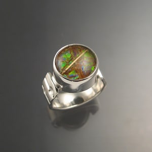 Ammolite and Rutilated Quartz Doublet ring Sterling silver size 6.5 Opal substitute Handmade Ring