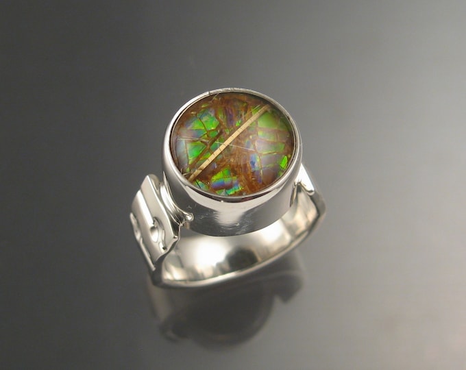 Ammolite and Rutilated Quartz Doublet ring Sterling silver size 6.5 Opal substitute Handmade Ring