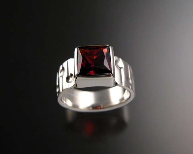 Garnet Ring Sterling Silver Bars and craters band large Square stone ring made to order in your size