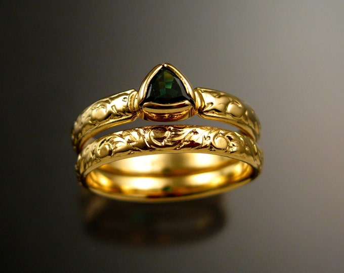 Tsavorite Garnet triangle Wedding set 14k Yellow Gold Victorian Emerald substitute two ring set made to order in your size