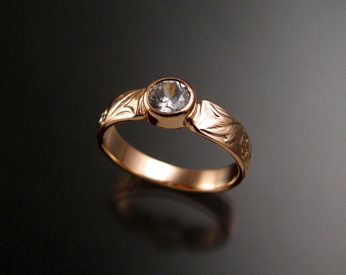 White Zircon 14k Rose Gold Victorian flower and vine pattern Diamond substitute bezel stone set ring made to order in your size