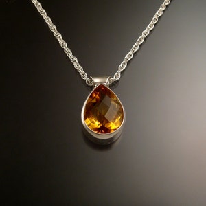 Citrine adjustable length necklace handmade in Sterling silver with bezel set stone checkerboard cut pear shaped drop image 1