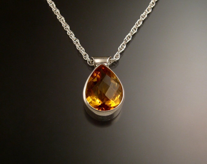 Citrine adjustable length necklace handmade in Sterling silver with bezel set stone checkerboard cut pear shaped drop