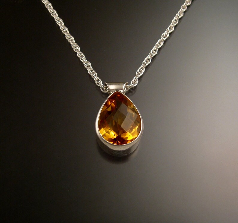 Citrine adjustable length necklace handmade in Sterling silver with bezel set stone checkerboard cut pear shaped drop image 1