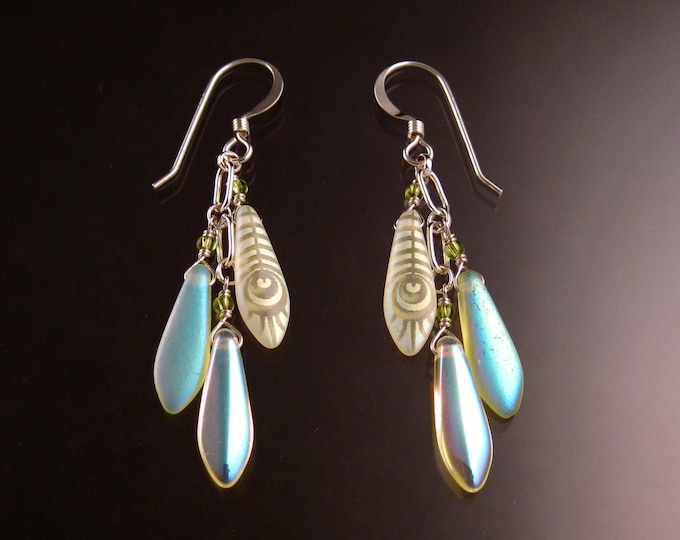 Czech Glass "Dagger " Earrings Pearl Moonstone Feather patterned Sterling Silver