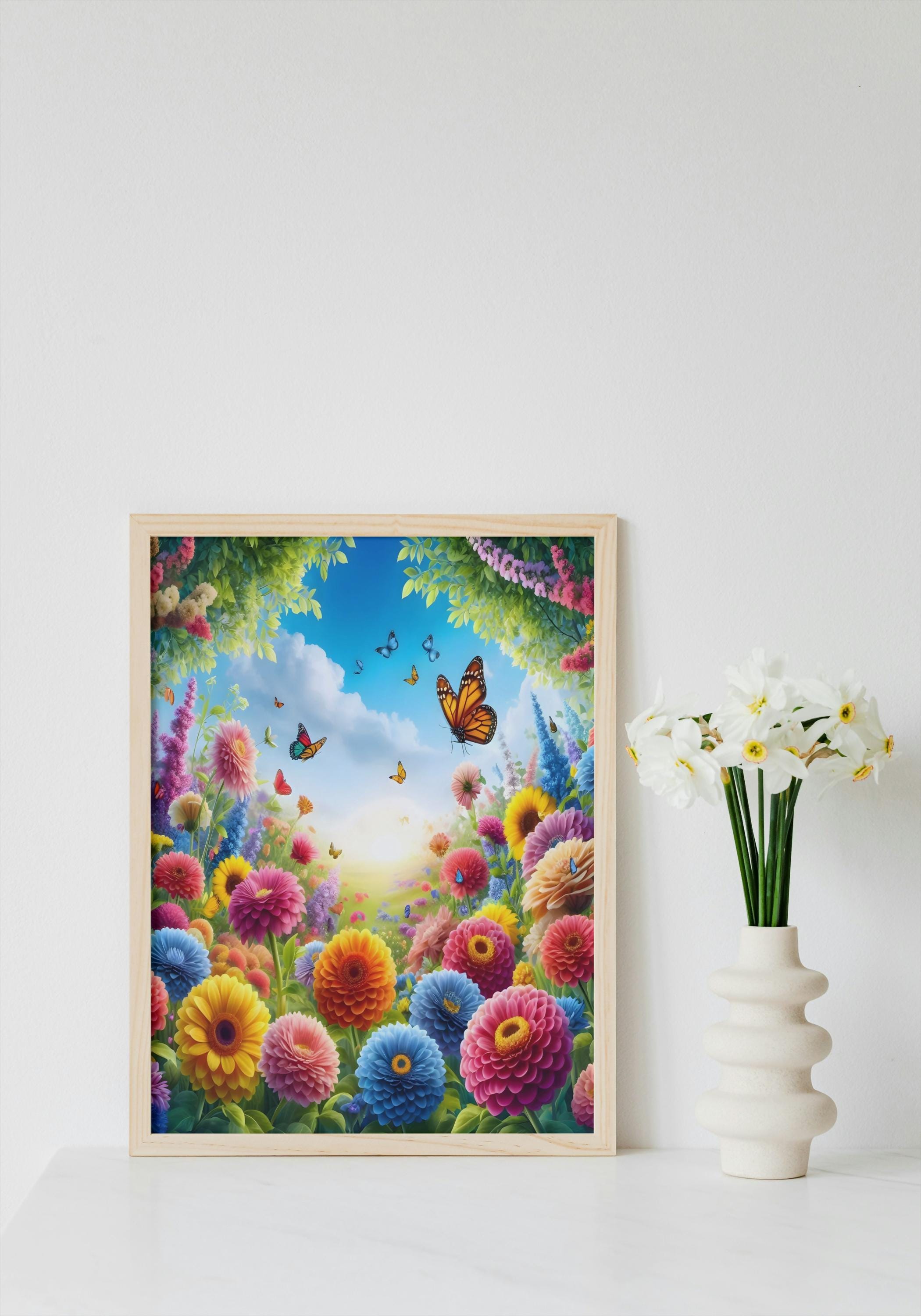 Colorful Butterfly Garden Wall Art, Vibrant Floral Meadow Print, Spring ...