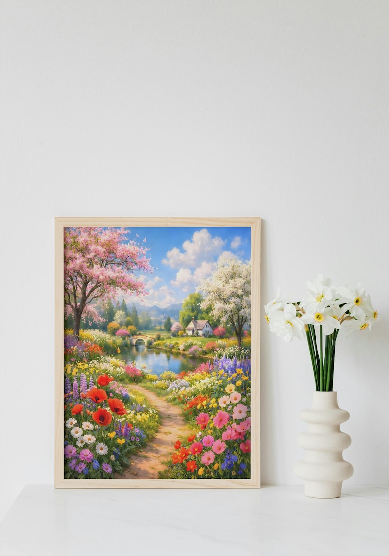 Spring Meadow Cottage Printable Wall Art | Colorful Floral Landscape ...