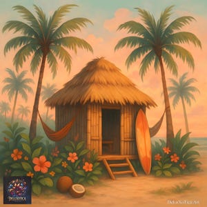 May include: A tropical scene featuring a bamboo hut with a thatched roof, a surfboard, and palm trees. A hammock hangs between two palm trees. The scene includes orange flowers, coconuts, and a beach setting with a sunset sky.