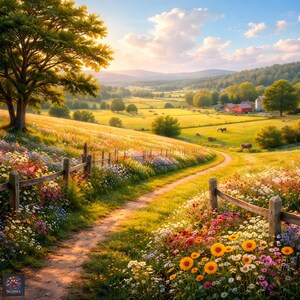 Puede incluir: Una pintura de paisaje escénica de un prado soleado con un camino de tierra que serpentea a través de coloridas flores silvestres. Una valla de madera bordea el camino, que conduce a una granja distante con edificios rojos. Un gran árbol sombrea el lado izquierdo.