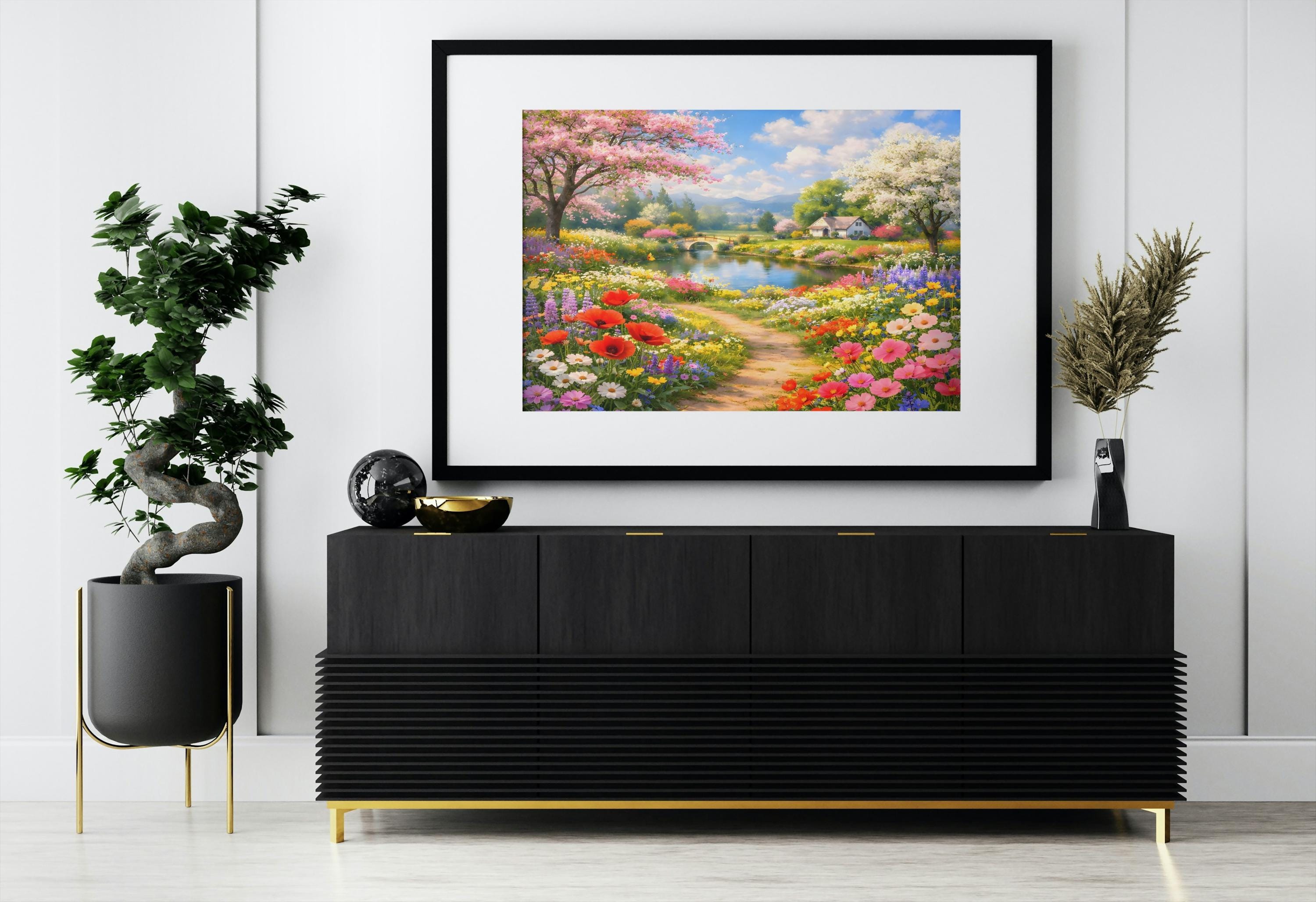 Spring Meadow Cottage Printable Wall Art | Colorful Floral Landscape ...