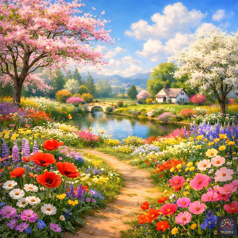 Spring Meadow Cottage Printable Wall Art | Colorful Floral Landscape ...
