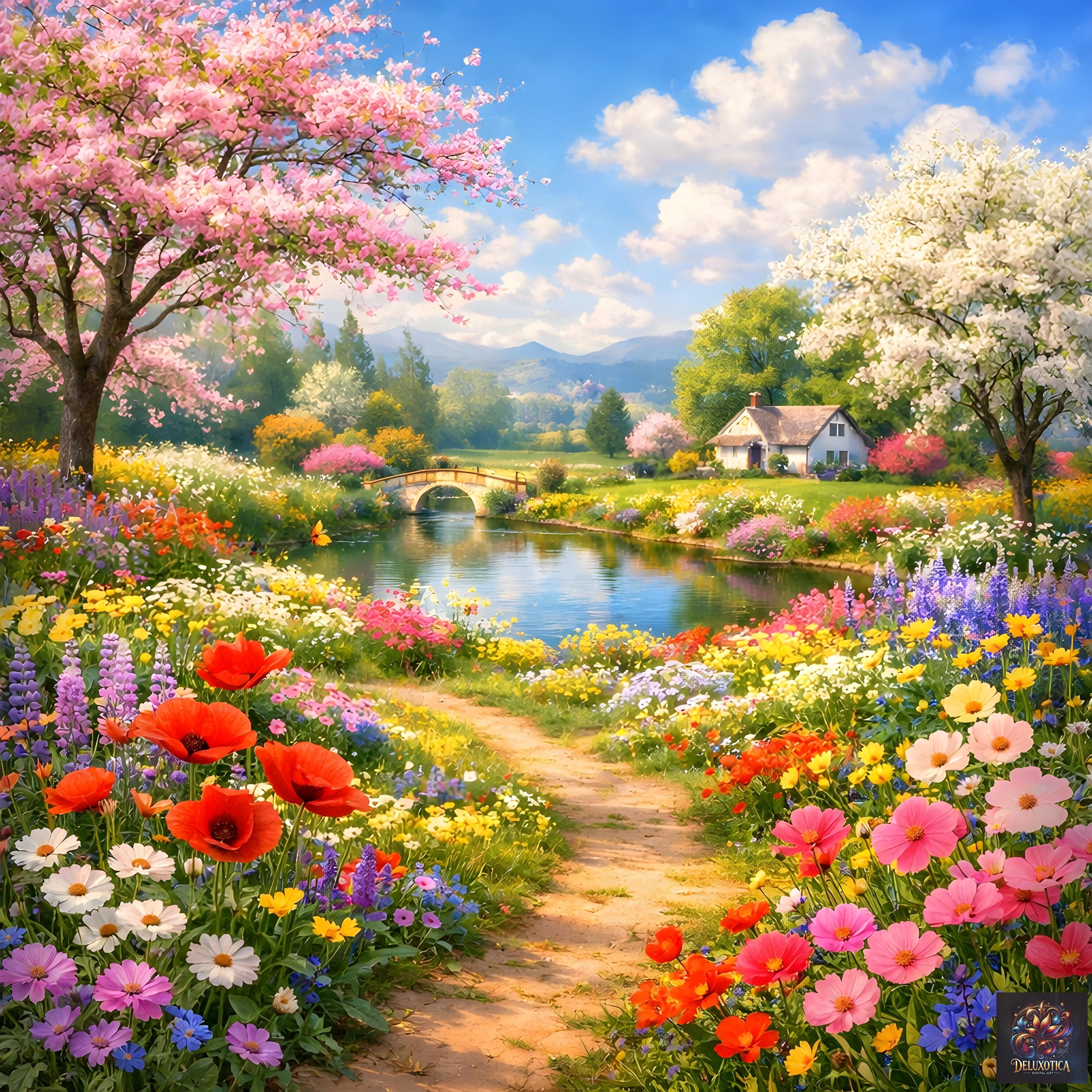 Spring Meadow Cottage Printable Wall Art | Colorful Floral Landscape ...