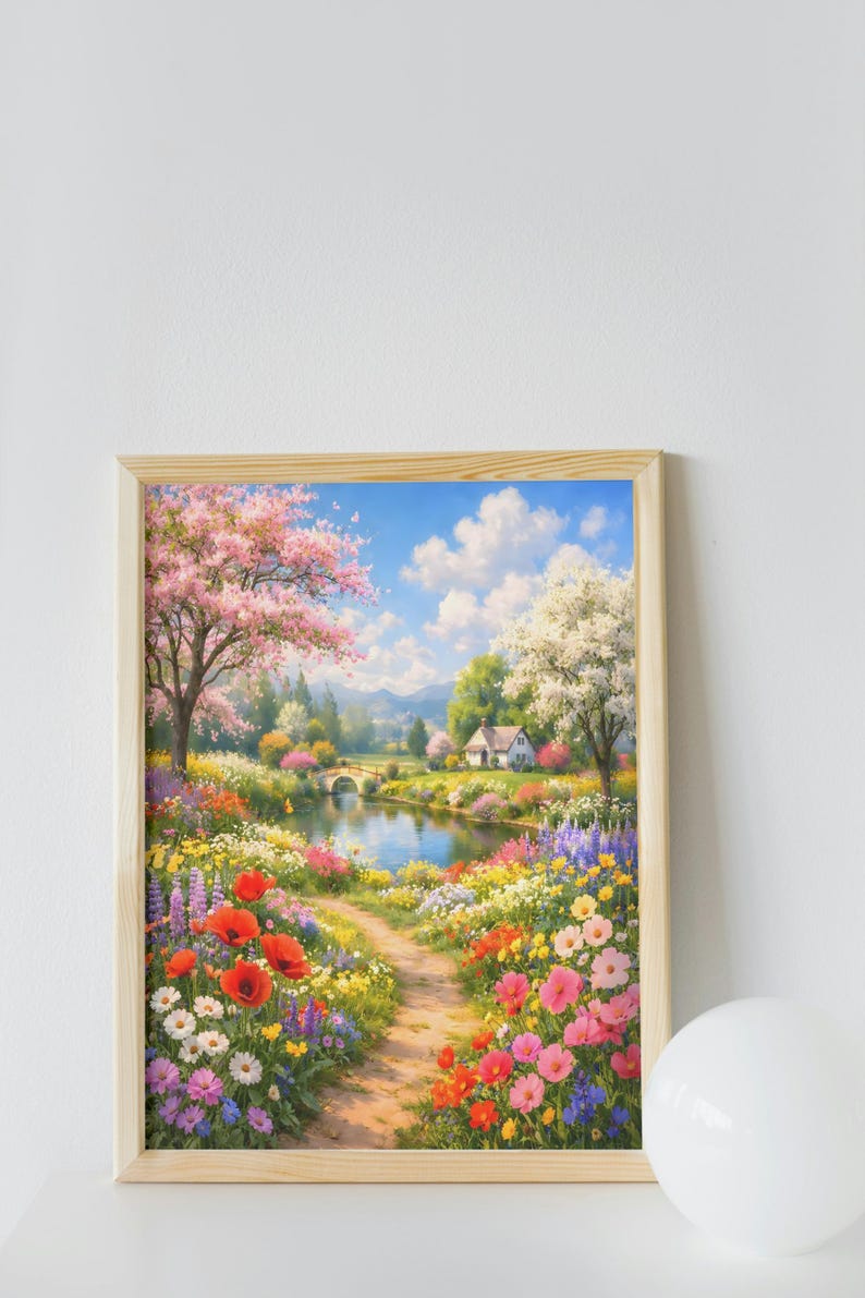 Spring Meadow Cottage Printable Wall Art | Colorful Floral Landscape ...