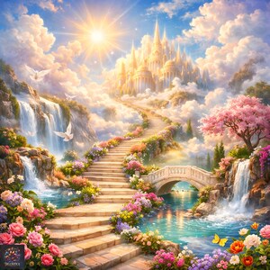May include: A digital painting depicting a celestial landscape with a castle at the top of a staircase. Waterfalls flow into a turquoise river, bordered by colourful flowers and a bridge. White doves soar in the sky.
