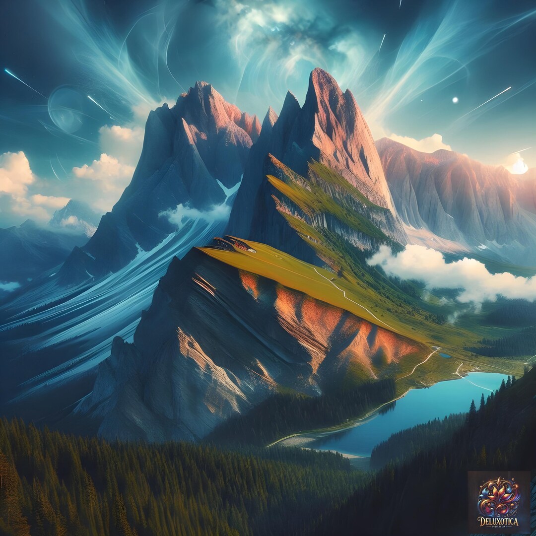 Ethereal Mountain Majesty Wall Art | Surreal Celestial Landscape Print ...