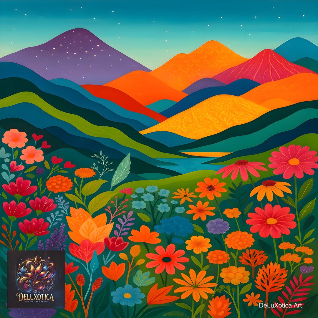 Floral Mountain Landscape Wall Art: Colorful Boho Nature Print (digital ...