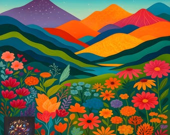 Arte mural con paisaje floral de montaña: Impresión bohemia colorida de naturaleza (descarga digital)