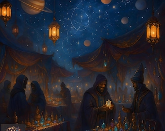 Celestial Bazaar väggkonsttryck: Mystisk arabisk nattmarknad (digital nedladdning)