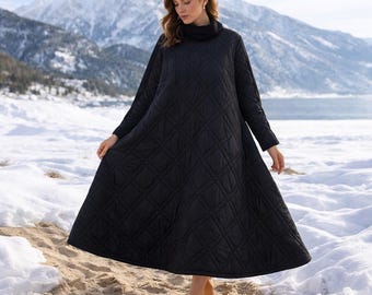 Women Winter Quilted Dress, Casual Loose Warm Midi Dress, Thick Mermaid Puffy Dress, Plus Size A-line Dress With Pockets