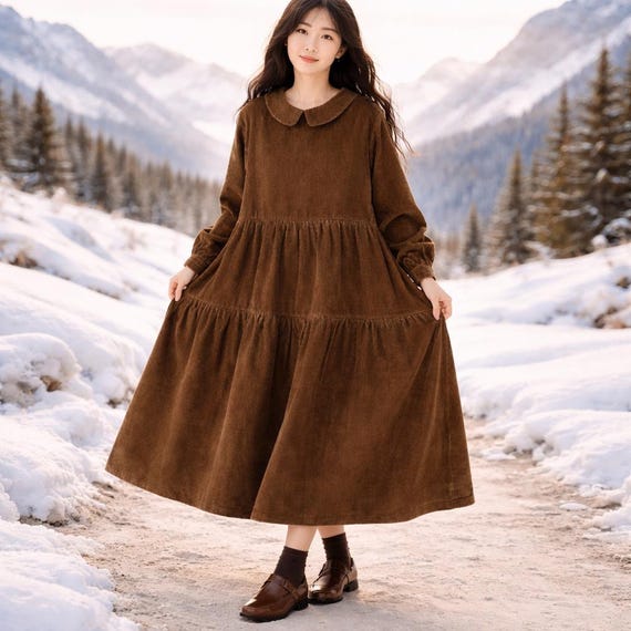 corduroy winter dress Thick Cotton Dress, Retro Warm Corduroy Midi Dress, Loose Maxi Dress, Vintage Long Sleeve A-line Occasion:Summer Wedding Guest Primavera Couture 4374 Size Select Color:Olive those garment measurements refer