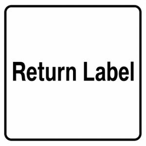 Könnte beinhalten: Ein quadratisches weißes Etikett mit schwarzem Rand. Die Worte "Return Label" sind in fetten, schwarzen Buchstaben in der Mitte des Etiketts gedruckt. Das Etikett ist für Versand und Rücksendungen bestimmt.