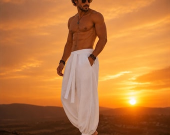 Pantalones harem de algodón para hombre, pantalones holgados de estilo urbano, pantalones anchos con cintura elástica, joggers bohemios de alta calidad, pantalones de yoga extragrandes.