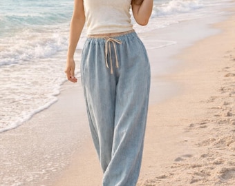 Women Cotton Linen Summer Pants, Vintage Beach Wide Leg Trousers, High Waist Loose Boho Pants, Soft Casual Loungewear, Vacation Pants