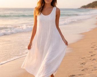 Cotton Linen Maxi Dress, Casual Summer Boho Sundress, Bohemian Beach Long Dress, Boho A-Line Vacation Tunic