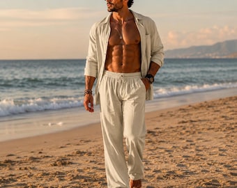 Pantalones casuales de lino para hombre, pantalones transpirables de pierna ancha, pantalones de playa de corte relajado para verano, pantalones holgados con cordón ajustable, atuendo para vacaciones