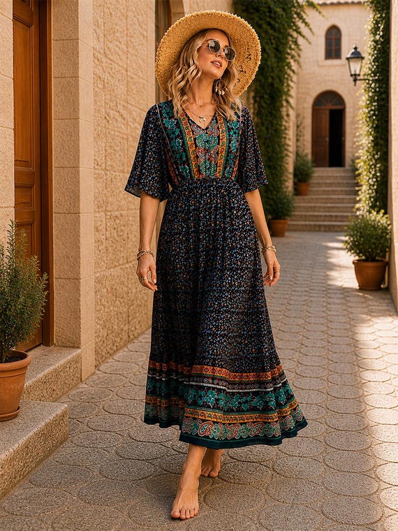 colourful boho dress Floral Maxi Dress, Summer Casual Dress, Lightweight Flowy Dress, Cottagecore Dress, Bohemian Dress, Beach Vacation Outfit hippie patchwork dress