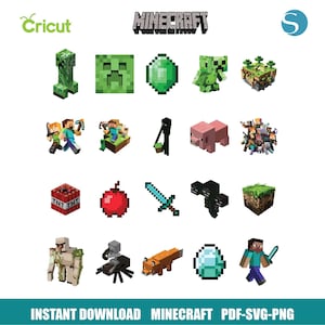 Mine SVG Bundle, Pixel Game Clipart, Creeper Steve Diamond Sword PNG, Gamer Birthday Party Decor, Cricut Cut Files, Instant Download