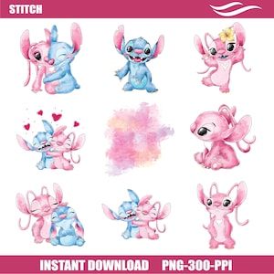 Stitch and Angel aquarel png-bundel, steek clipart, engel png-bestand, steek paar png, steek liefde png, steek afdrukbare, digitale bestanden