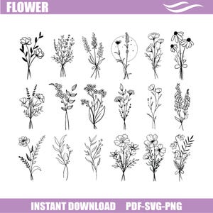 Strauß svg bündel, Blumen svg png Hand gezeichnet, Blumen svg, Wildblumen svg, minimalistischer Strauß svg, botanische svg, Feldpflanzen svg