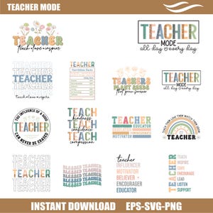 Teacher SVG Bundle | Teacher Mode SVG PNG | Inspirational Teacher Quotes Cricut Cut Files | Back to School Teacher Designs