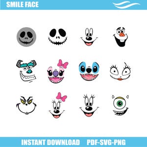 Bundel lachend gezicht met grote ogen, neus, mond PNG, gepersonaliseerde clipart, shirtontwerp, digitale download, Halloween-gezicht afdrukontwerp, png