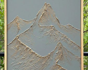 Textured Mountain Painting, Mountain Wall Art ,Modern Landscape Painting, Gold Textured Art, 3D Textured Landscape