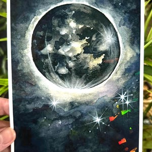Watercolor Painting, Moon Painting, Moon Print, Moon Phase, Full Moon, Night Sky Print, Night Sky, Stars, Moon, holographic print