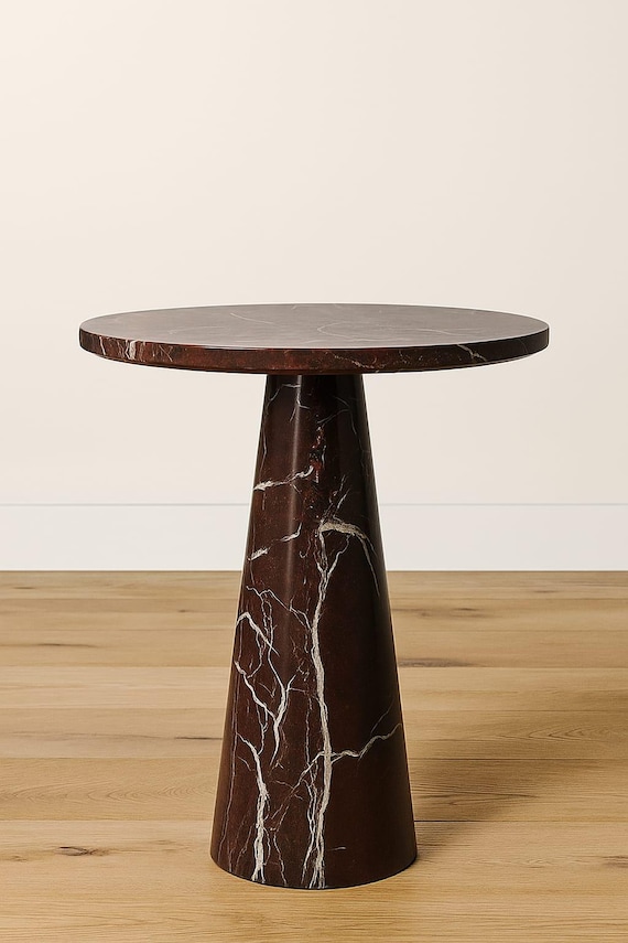 Red Marble Pedestal Table | Handmade Stone Accent Table, 20" Height