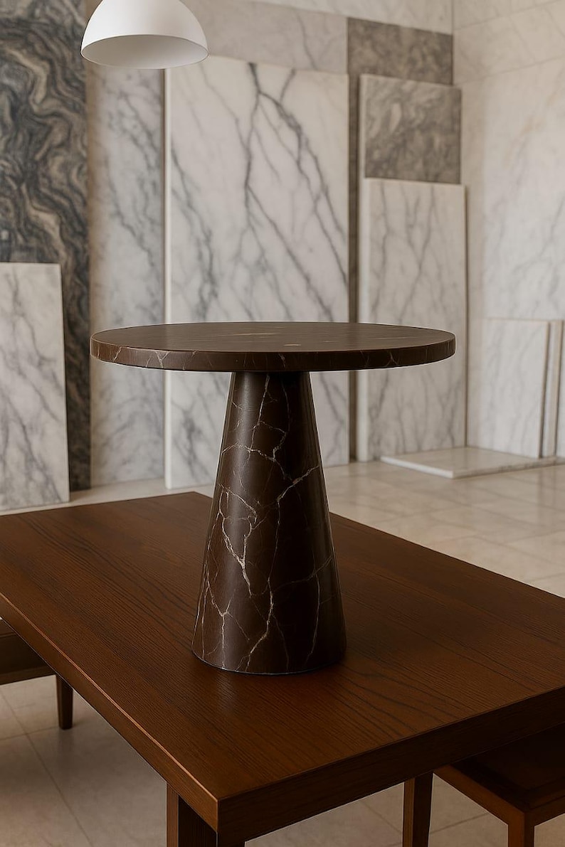 May include: A brown marble-topped side table with a conical base, set on a dark wood table. The marble has a distinctive veined pattern. The table is approximately 24 inches in height and 20 inches in diameter.