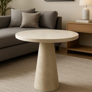 May include: A beige, round side table with a conical base. The table is made of a solid material and sits on a neutral-toned rug. The table is approximately 24 inches in diameter and 20 inches tall. The table is in a living room setting.