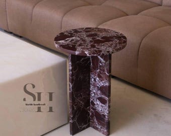 Handcrafted Rosso Levanto Marble Side Table: Modern Accent Table