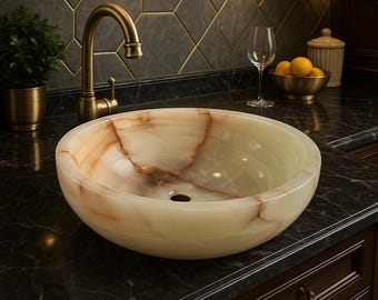 Luxurious Onyx Stone Vessel Sink – Handcrafted Marble Wash Basin for Bathroom