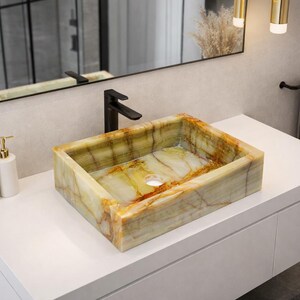 Luxury Farmhouse Onyx Sink | Handmade Natural Stone Kitchen Sink | Rustic Modern Countertop Basin
