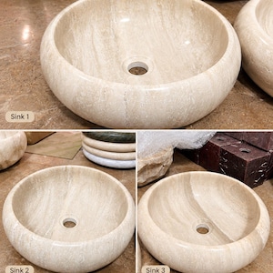 May include: A round beige marble vessel sink with natural veining and a central drain hole. The image displays three views labeled Sink 1, Sink 2, and Sink 3, featuring the SH MARBLE HANDICRAFTS logo and the text Your sinks are ready! Beautiful beige color.