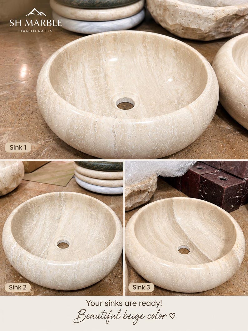May include: A round beige marble vessel sink with natural veining and a central drain hole. The image displays three views labeled Sink 1, Sink 2, and Sink 3, featuring the SH MARBLE HANDICRAFTS logo and the text Your sinks are ready! Beautiful beige color.